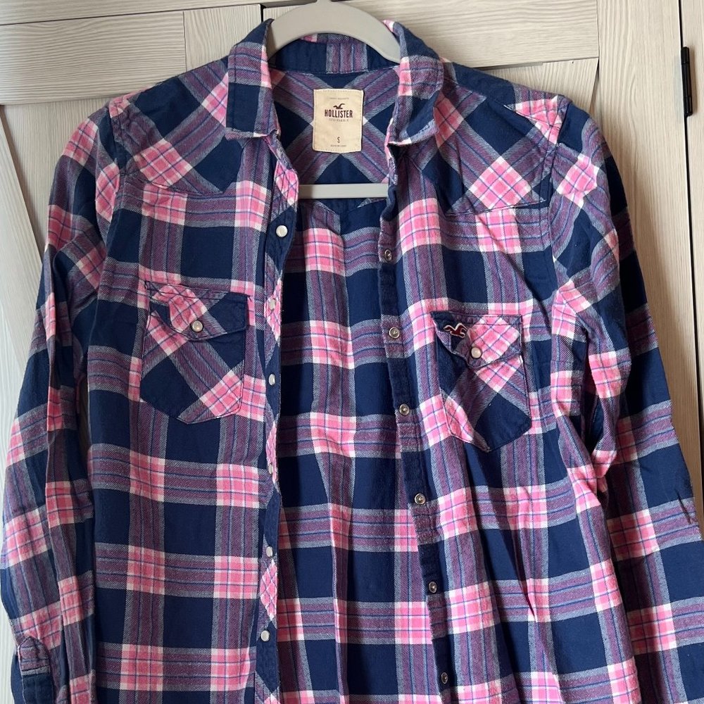 Hollister, Plaid Flannel, Button Down, Pink and Blue, S